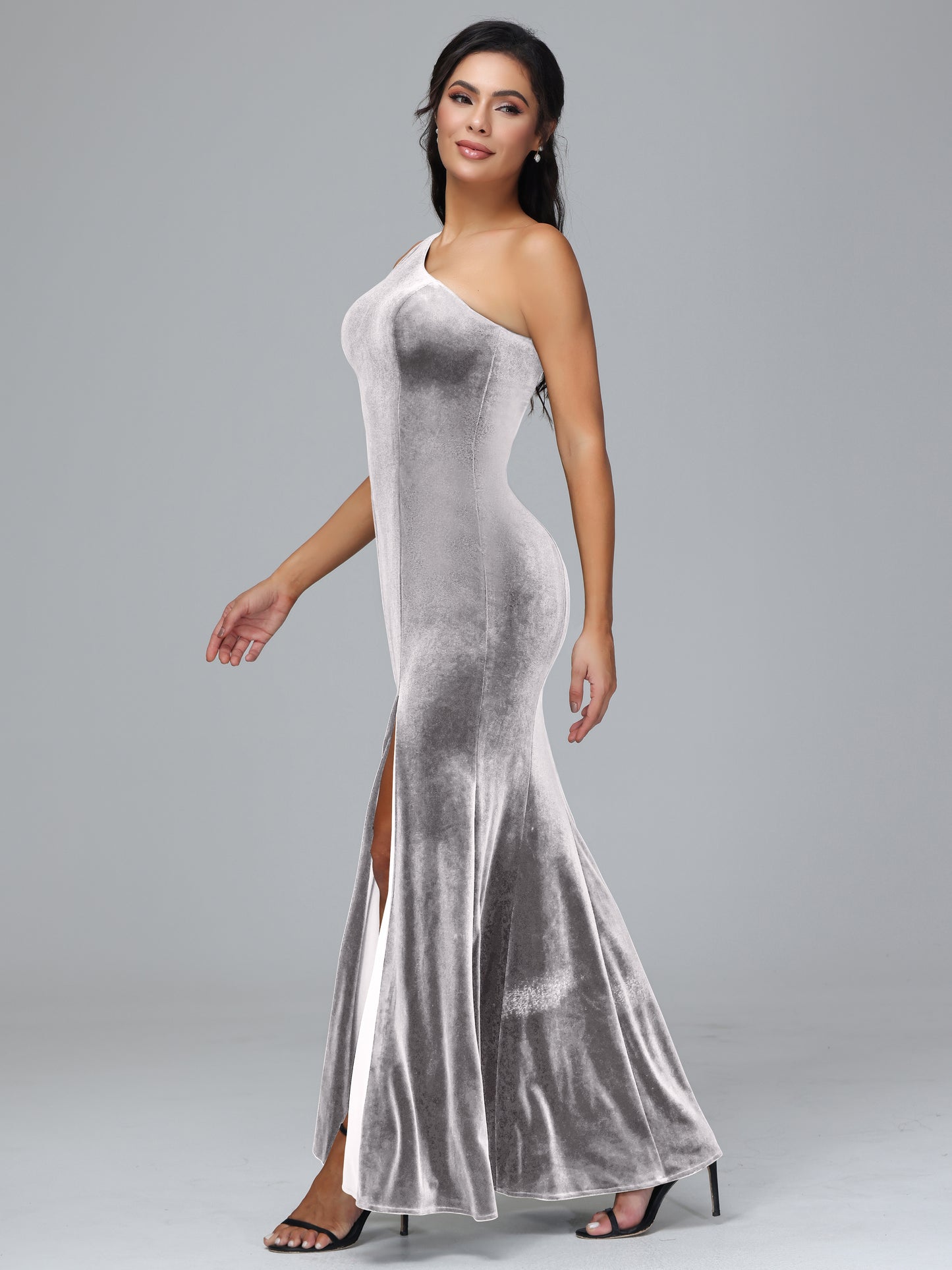 One Shoulder Velvet Bridesmaid Dress With Slit