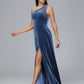 One Shoulder Plus Size Velvet Bridesmaid Dress With Slit