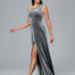 One Shoulder Plus Size Velvet Bridesmaid Dress With Slit