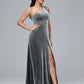 One Shoulder Plus Size Velvet Bridesmaid Dress With Slit