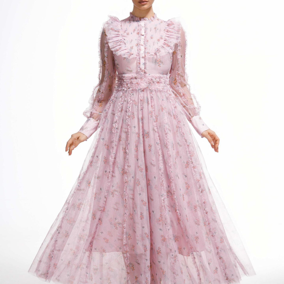 Pink Elegant Ruffled Long Sleeve Floral Maxi Prom Dress