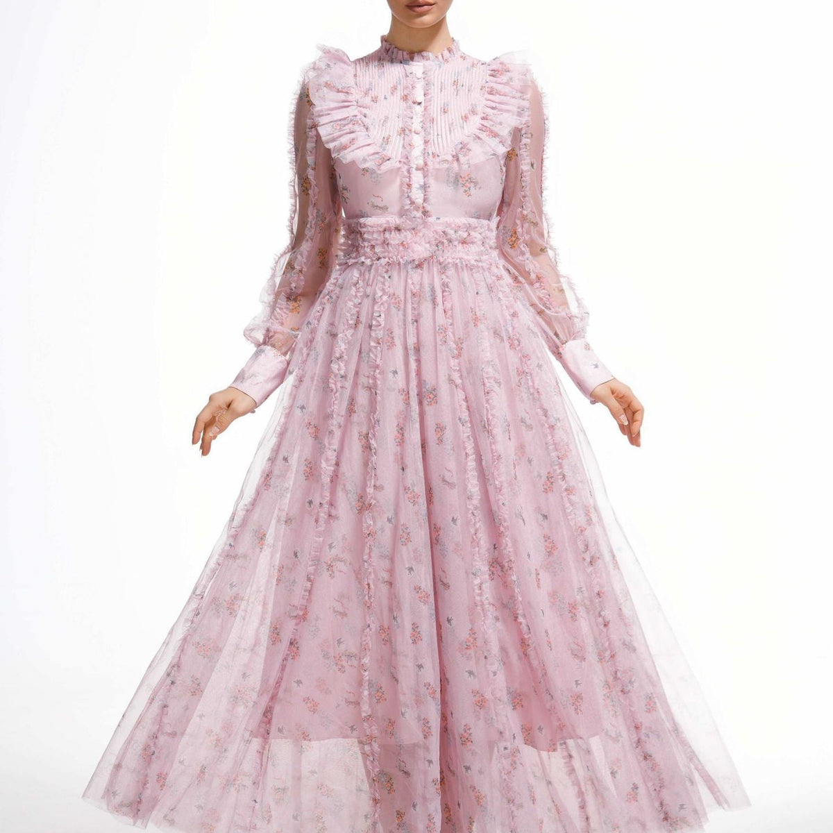 Pink Elegant Ruffled Long Sleeve Floral Maxi Formal Dress, Pink / L Pink Elegant Ruffled Long Sleeve Floral Maxi Formal Dress, Pink / L
