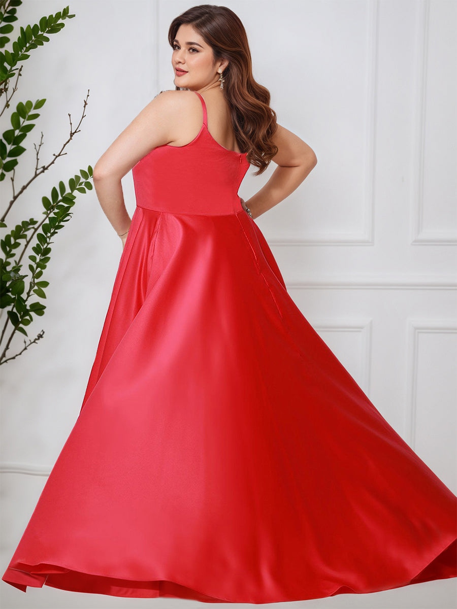 Simple A-line Red Split Floor Length Sleeveless Plus Size Prom Dress