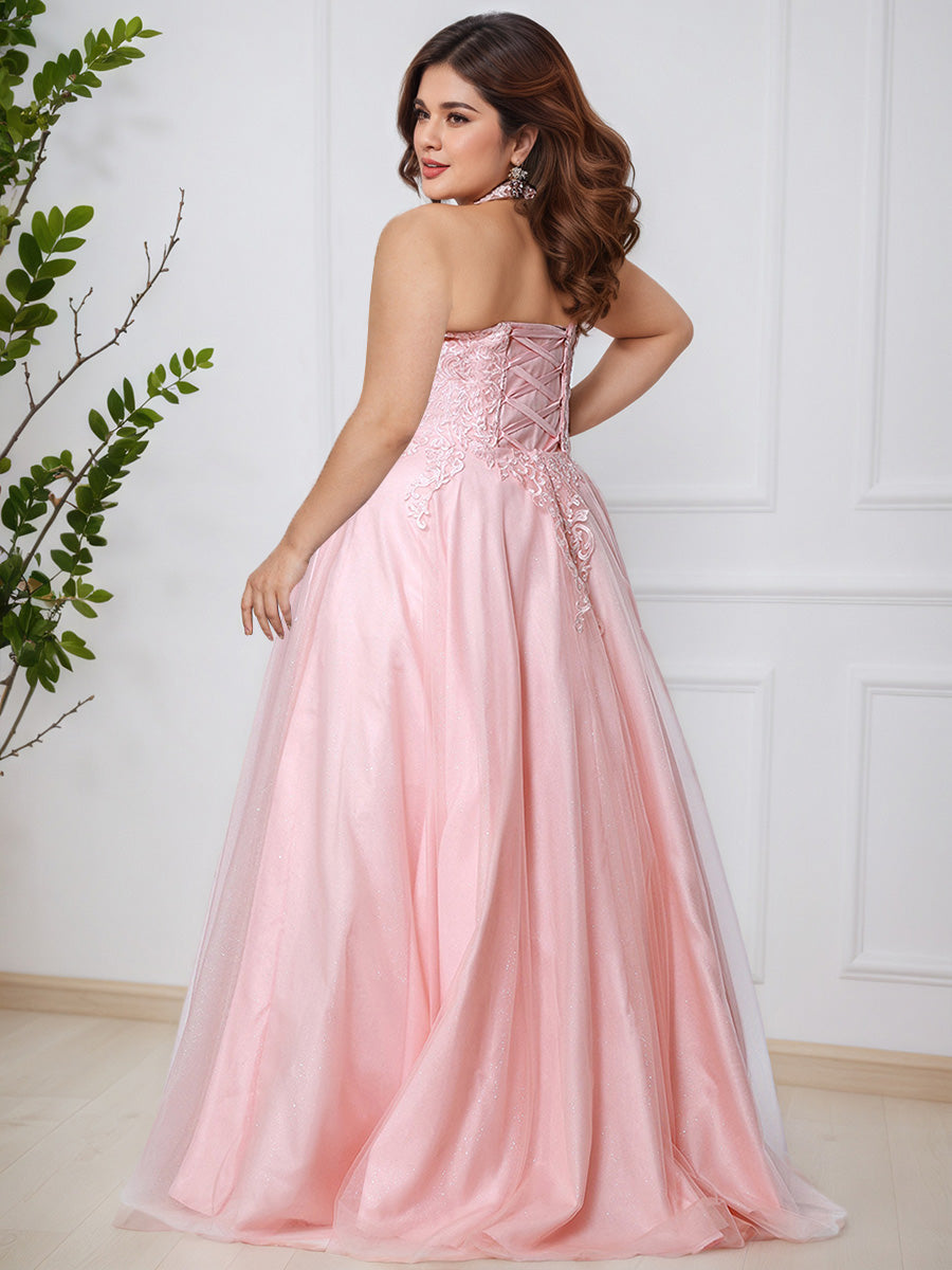 Pretty Blush Halter Backless Lace Tulle A-line Long Plus Size Prom Dress