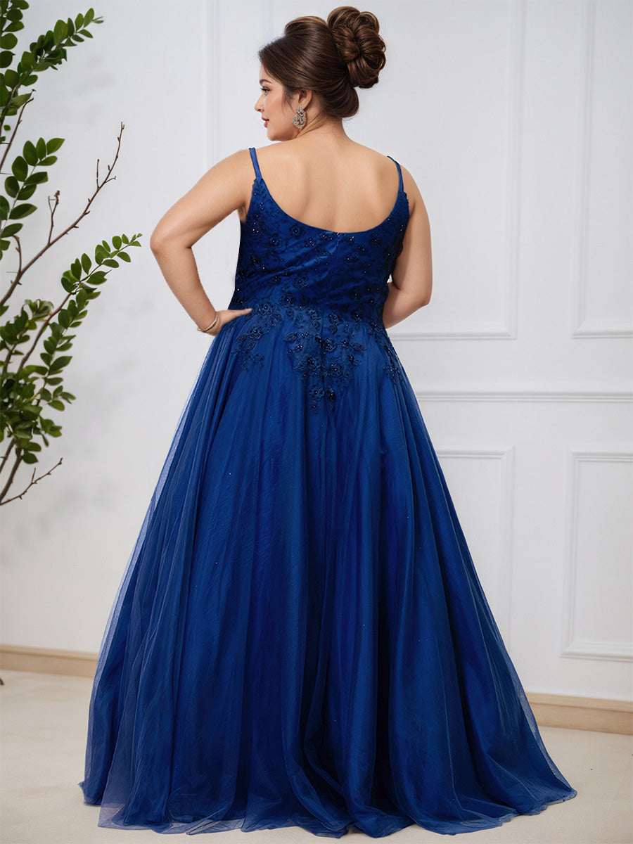 Beautiful Royal Blue Evening Gown Lace Tulle Long A-line Plus Size Prom Dress