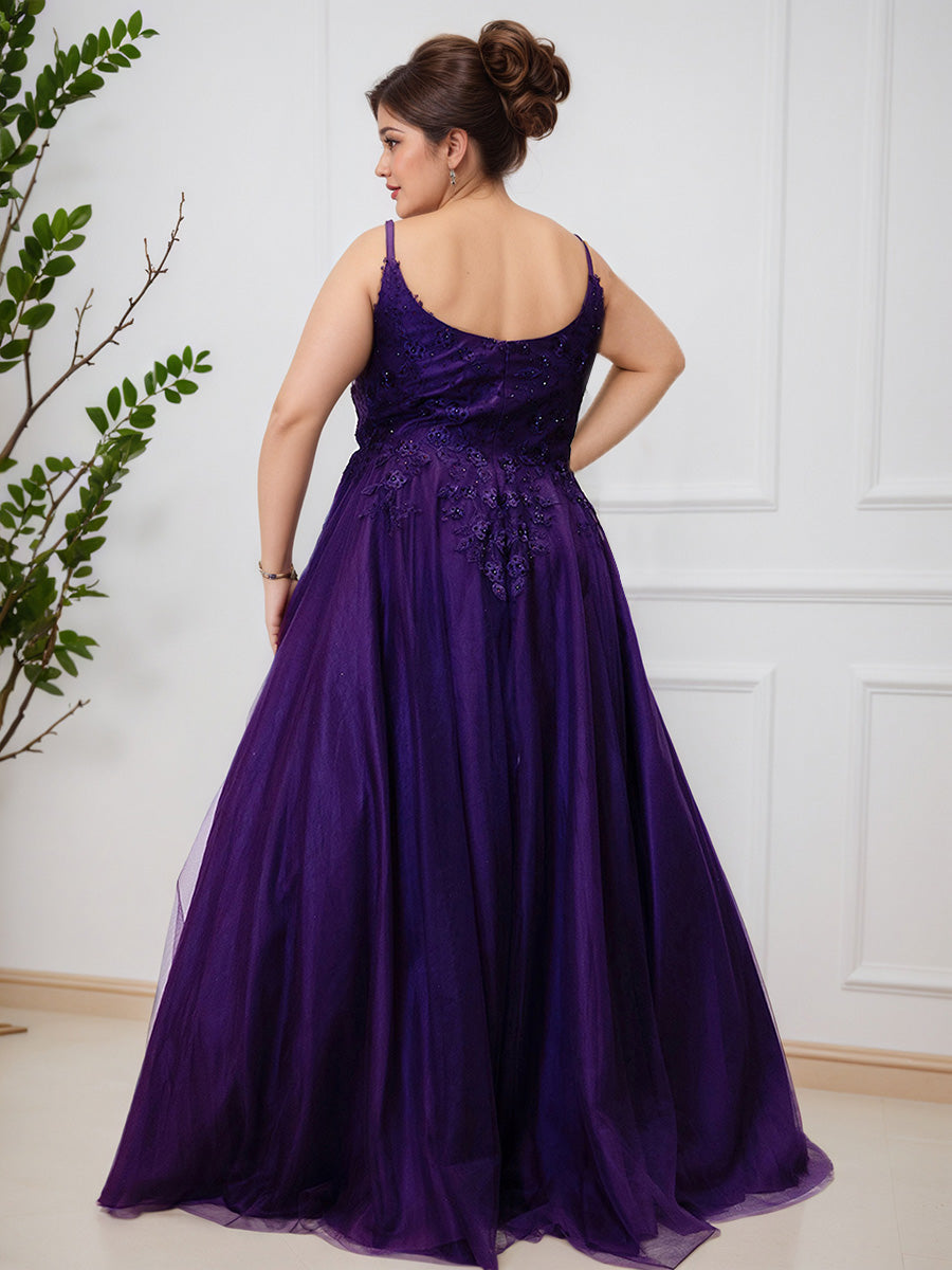Beautiful Grape Evening Gown Lace Tulle Long A-line Plus Size Prom Dress