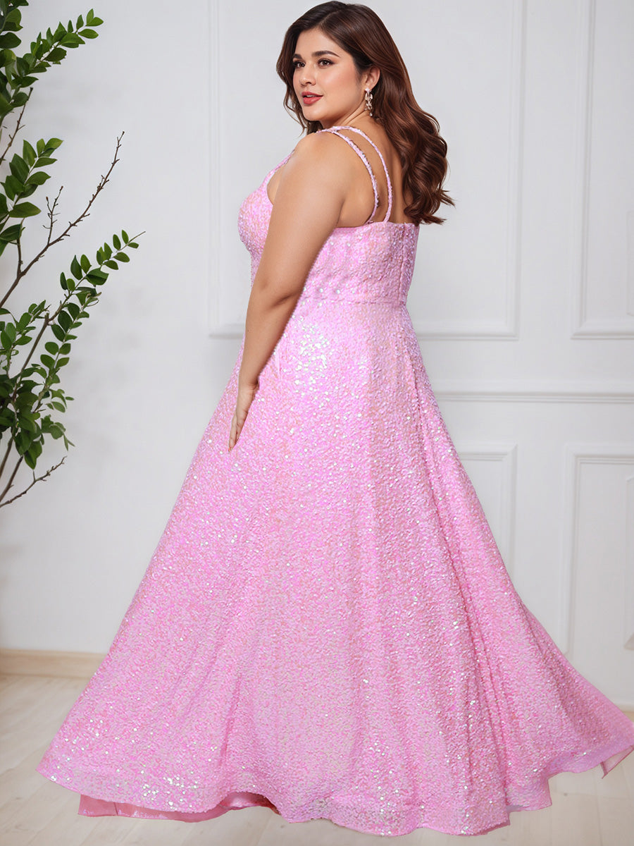 Beautiful Pink Spaghetti Straps A-line Floor Length Sequins Long Plus Size Prom Dress