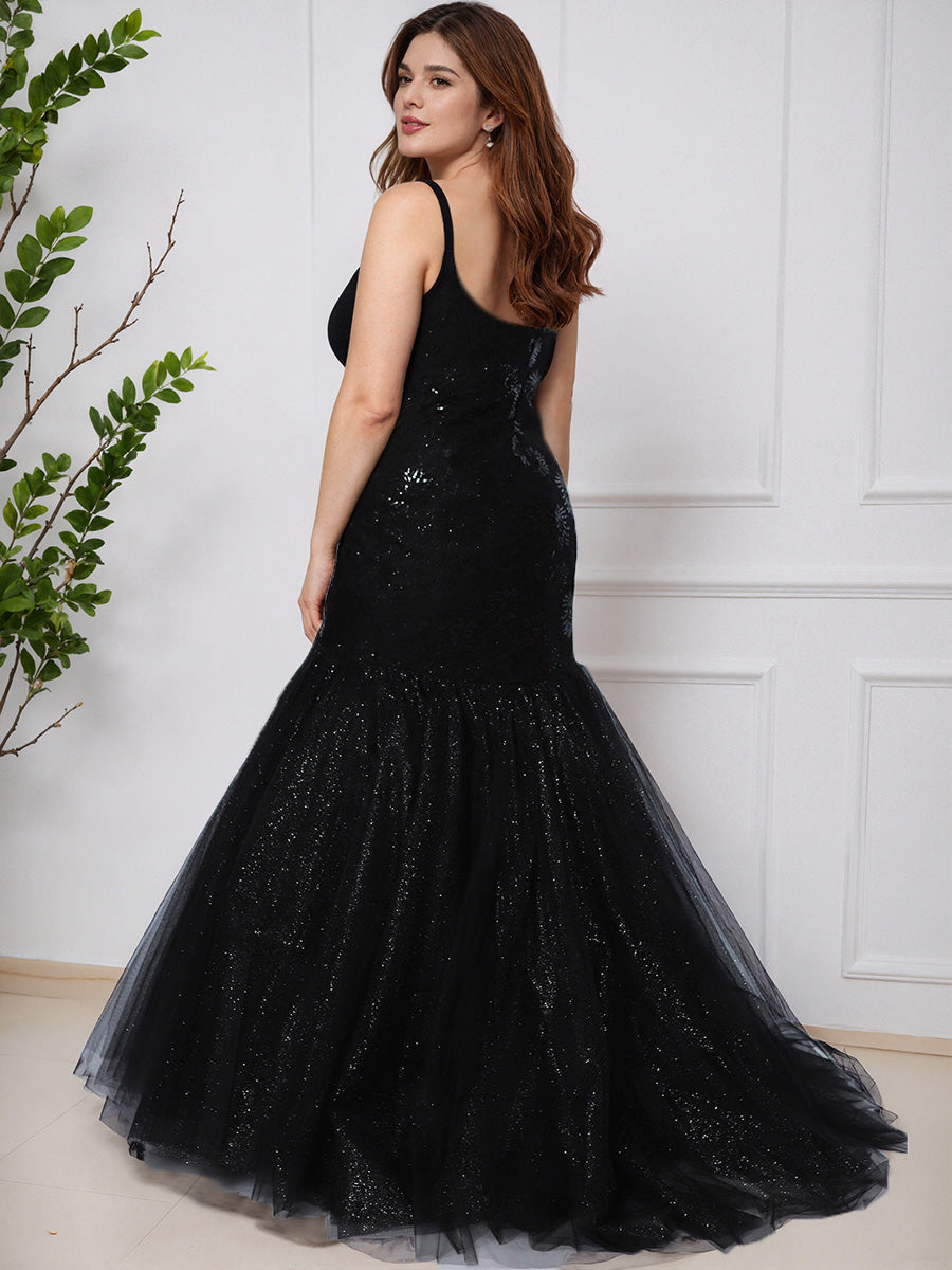 Glitter Black Mermaid Sweep Train Long Plus Size Prom Dress