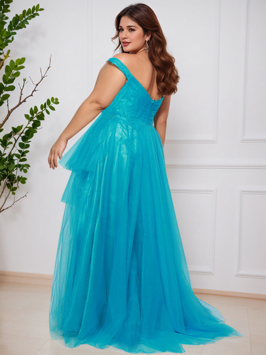 Simple Off The Shoulder Tulle Split Long Plus Size Prom Dress