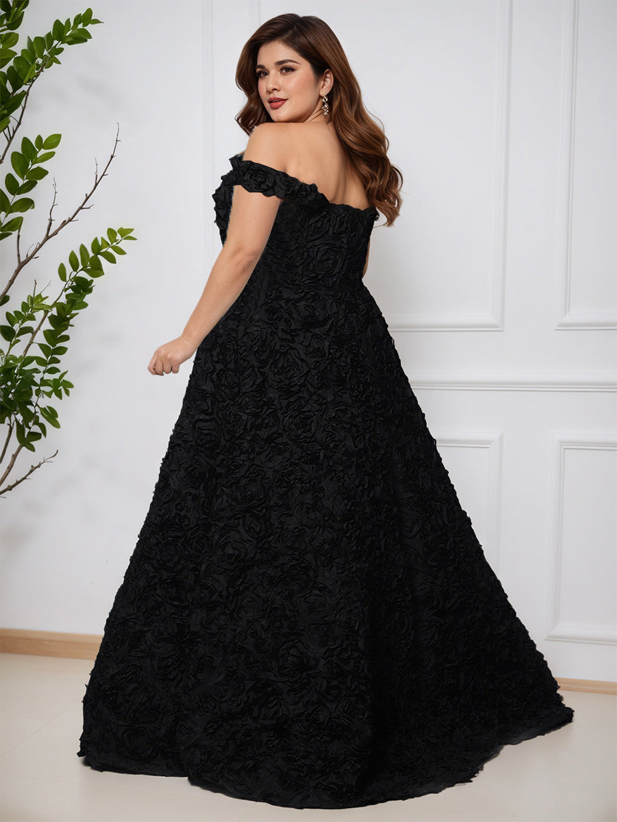 Gorgeous Off The Shoulder 3D Light Satin Rosettes Long Plus Size Prom Dress