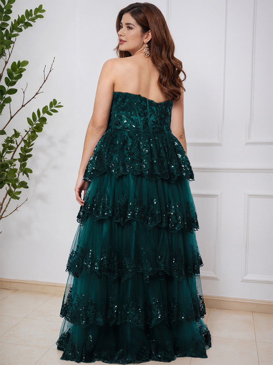 Formal Layered Sweetheart Lace Floor Length Long Plus Size Prom Dress