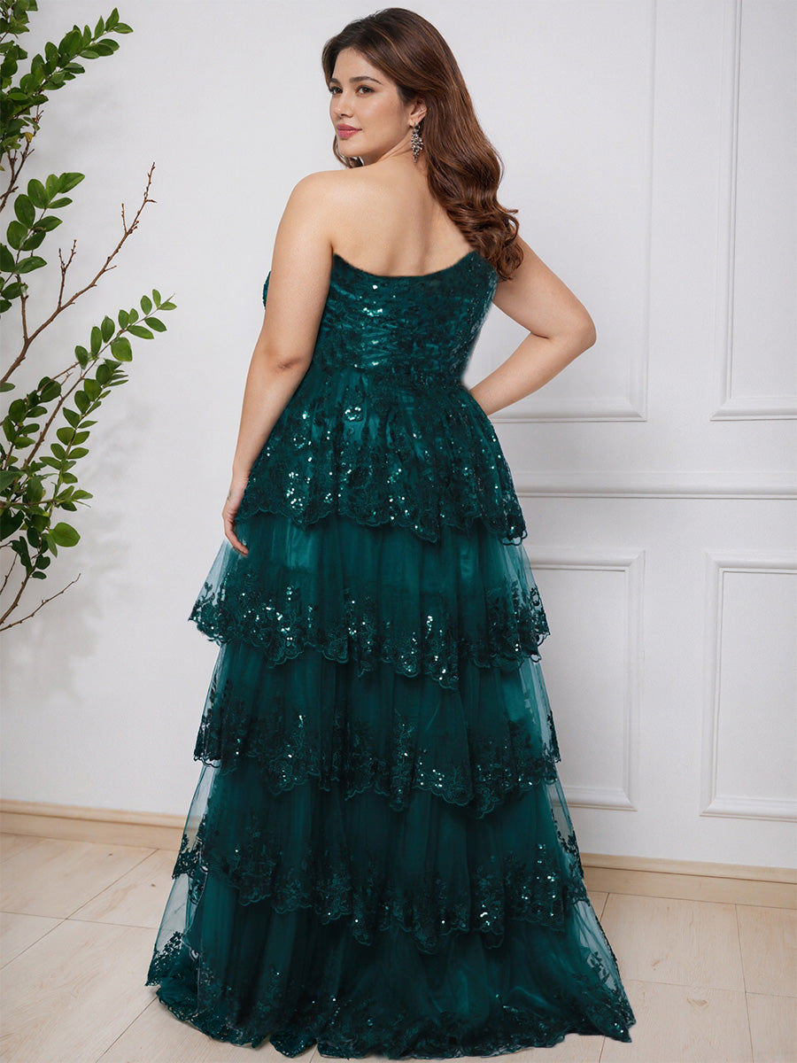 One Shoulder Sequin Lace Long Layered Plus Size Prom Dress With Split