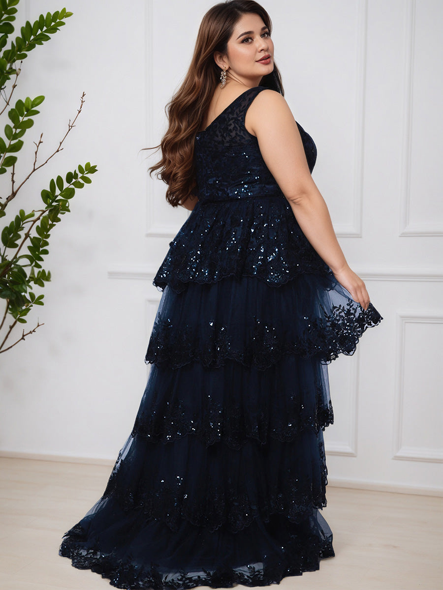 Lovely One Shoulder Layered Lace Long Plus Size Prom Dress