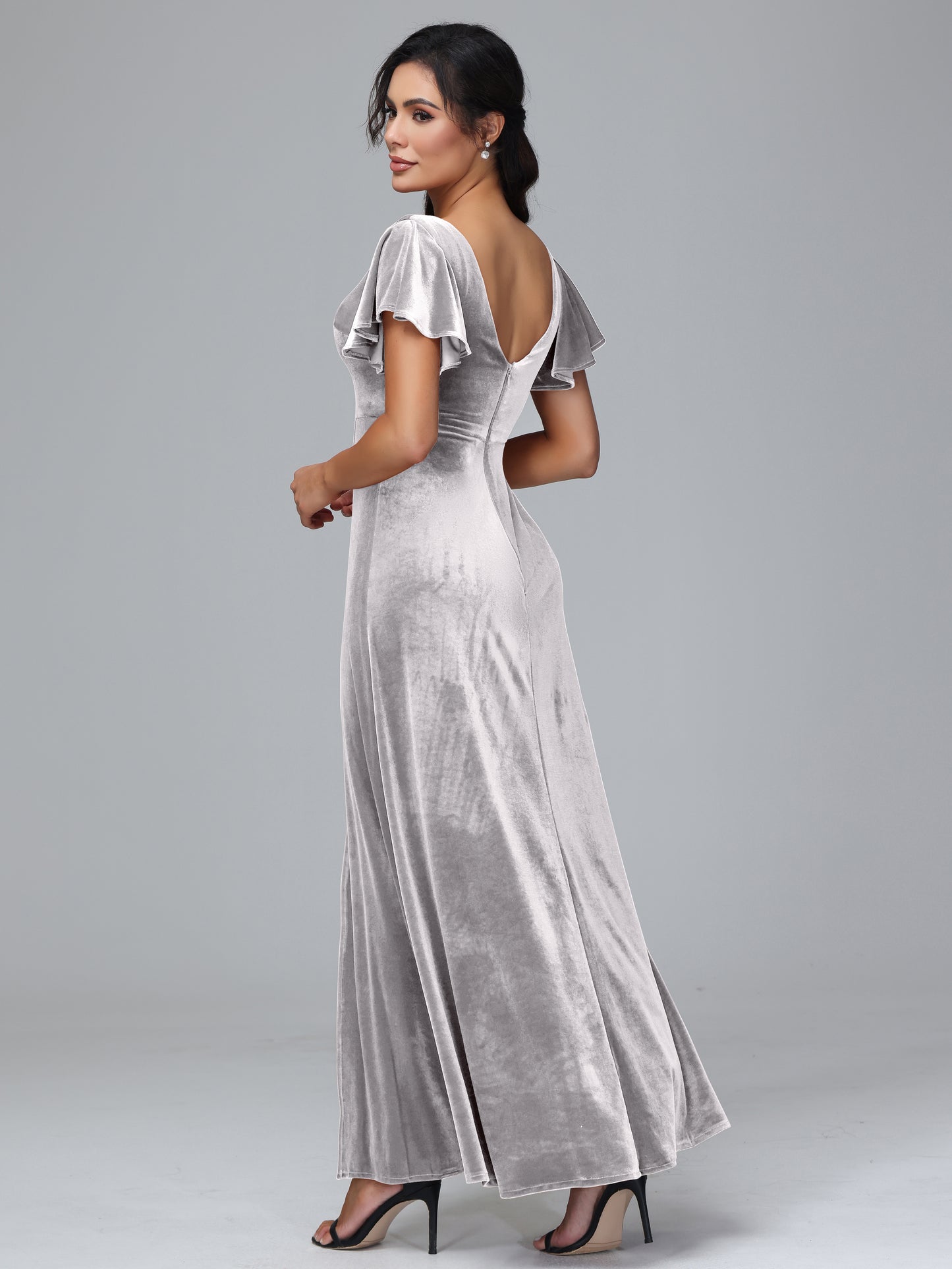 Short Sleeves Velvet Bridesmaid Dress With Slit