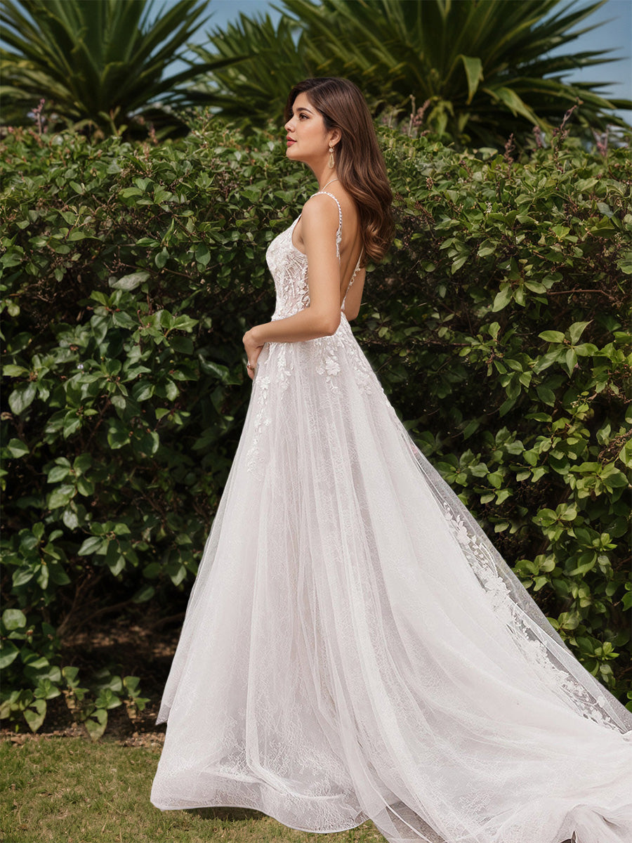 Spaghetti Straps Backless Lace Tulle A-line Long Wedding Dress