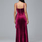 Spaghetti Straps V Neck Plus Size Velvet Bridesmaid Dress With Slit