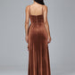 Spaghetti Straps V Neck Plus Size Velvet Bridesmaid Dress With Slit