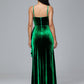 Spaghetti Straps V Neck Plus Size Velvet Bridesmaid Dress With Slit