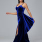 Spaghetti Straps V Neck Plus Size Velvet Bridesmaid Dress With Slit