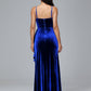 Spaghetti Straps V Neck Plus Size Velvet Bridesmaid Dress With Slit