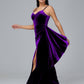 Spaghetti Straps V Neck Plus Size Velvet Bridesmaid Dress With Slit