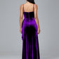 Spaghetti Straps V Neck Plus Size Velvet Bridesmaid Dress With Slit