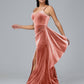 Spaghetti Straps V Neck Plus Size Velvet Bridesmaid Dress With Slit