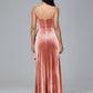Spaghetti Straps V Neck Plus Size Velvet Bridesmaid Dress With Slit