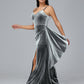 Spaghetti Straps V Neck Velvet Bridesmaid Dress With Slit