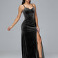 Spaghetti Straps V Neck Velvet Bridesmaid Dress With Slit