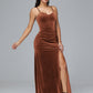Spaghetti Straps V Neck Plus Size Velvet Bridesmaid Dress With Slit