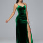 Spaghetti Straps V Neck Velvet Bridesmaid Dress With Slit