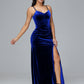 Spaghetti Straps V Neck Velvet Bridesmaid Dress With Slit