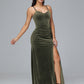 Spaghetti Straps V Neck Plus Size Velvet Bridesmaid Dress With Slit