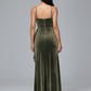 Spaghetti Straps V Neck Plus Size Velvet Bridesmaid Dress With Slit