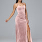 Spaghetti Straps V Neck Plus Size Velvet Bridesmaid Dress With Slit