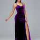 Spaghetti Straps V Neck Velvet Bridesmaid Dress With Slit