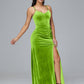 Spaghetti Straps V Neck Plus Size Velvet Bridesmaid Dress With Slit