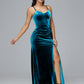 Spaghetti Straps V Neck Velvet Bridesmaid Dress With Slit