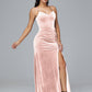 Spaghetti Straps V Neck Plus Size Velvet Bridesmaid Dress With Slit