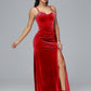 Spaghetti Straps V Neck Velvet Bridesmaid Dress With Slit