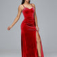 Spaghetti Straps V Neck Plus Size Velvet Bridesmaid Dress With Slit