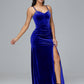 Spaghetti Straps V Neck Velvet Bridesmaid Dress With Slit