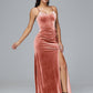 Spaghetti Straps V Neck Plus Size Velvet Bridesmaid Dress With Slit
