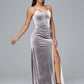 Spaghetti Straps V Neck Plus Size Velvet Bridesmaid Dress With Slit