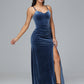 Spaghetti Straps V Neck Velvet Bridesmaid Dress With Slit