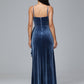 Spaghetti Straps V Neck Plus Size Velvet Bridesmaid Dress With Slit