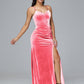 Spaghetti Straps V Neck Plus Size Velvet Bridesmaid Dress With Slit
