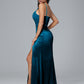 Spaghetti Straps Zipper Back Velvet Bridesmaid Dress With Slit