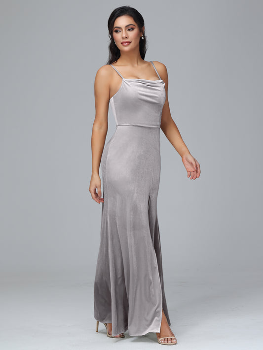 Spaghetti Straps Zipper Back Velvet Bridesmaid Dress With Slit